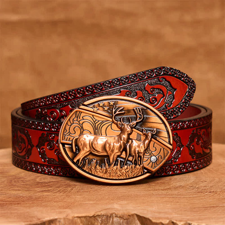 Ceinture en cuir pour homme avec couteau pliant caché en bronze rouge et double cerf - Cerfs doubles - Ceinture marron sculptée - 42 - image 8