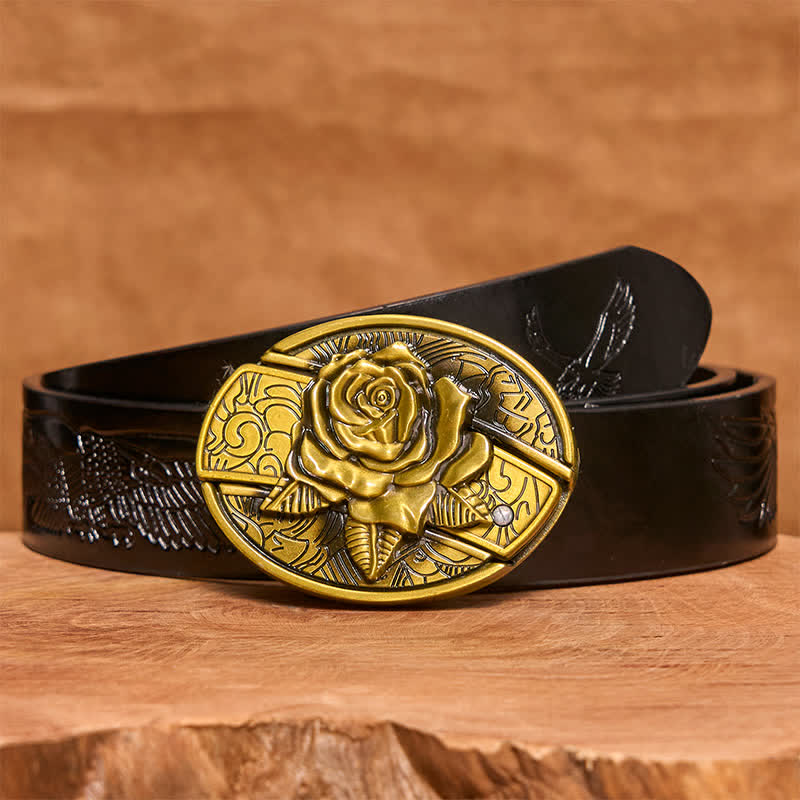 Ceinture en cuir pour homme avec couteau pliant caché en bronze et rose - Rose - Ceinture noire avec aigle en relief - 42 - image 7