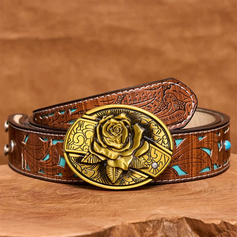 Ceinture en cuir pour homme avec couteau pliant caché en bronze et rose - Rose - Ceinture sculptée en turquoise - 42 - image 6