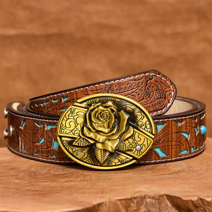 Ceinture en cuir pour homme avec couteau pliant caché en bronze et rose - Rose - Ceinture sculptée en turquoise - 42 - image 6
