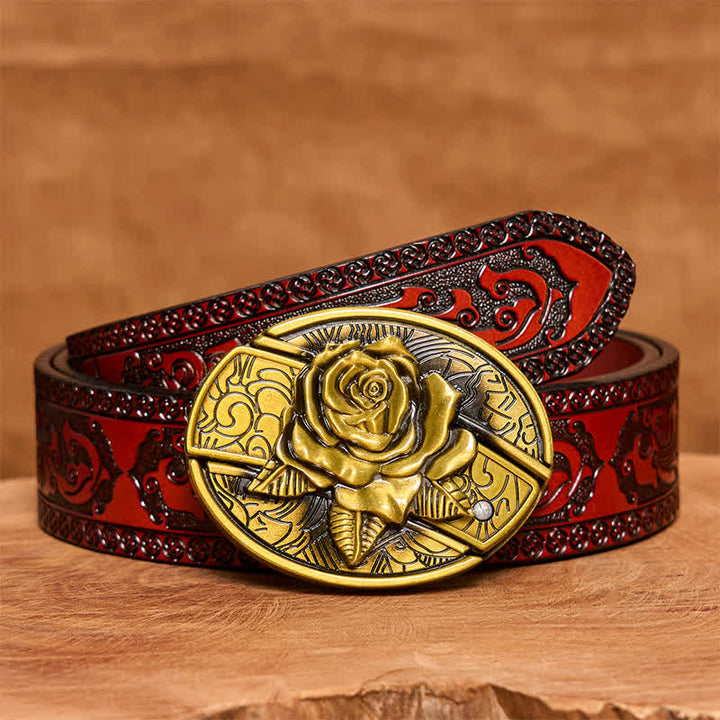 Ceinture en cuir pour homme avec couteau pliant caché en bronze et rose - Rose - Ceinture marron sculptée - 42 - image 8
