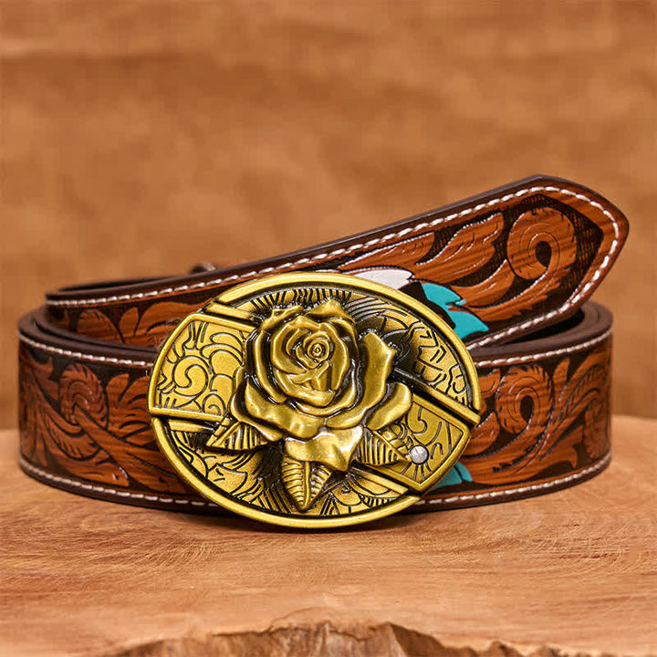 Ceinture en cuir pour homme avec couteau pliant caché en bronze et rose - Rose - Ceinture à plumes marron - 40 - image 10