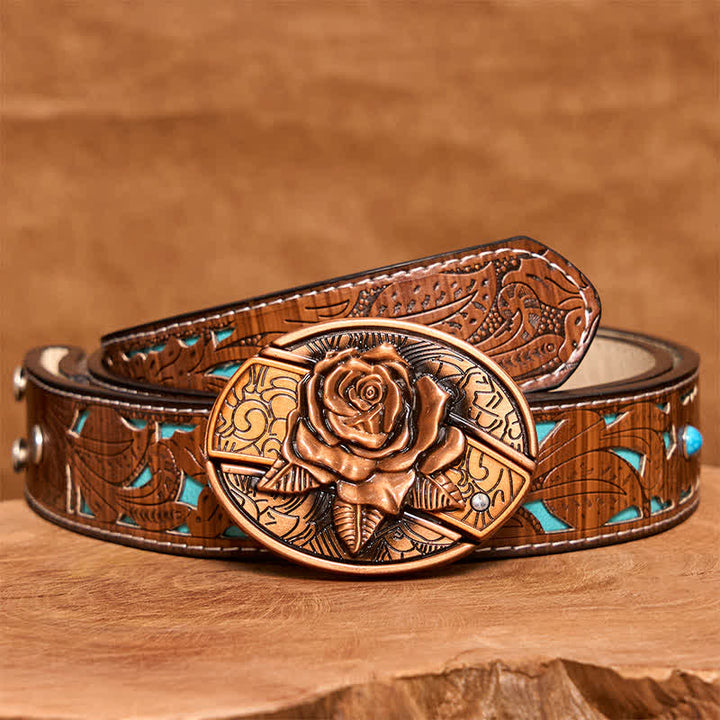 Ceinture en cuir pour homme avec couteau pliant caché en bronze rouge et rose - Rose - Ceinture sculptée en turquoise - 42 - image 6