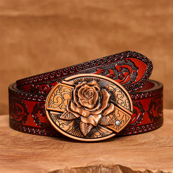 Ceinture en cuir pour homme avec couteau pliant caché en bronze rouge et rose - Rose - Ceinture marron sculptée - 42 - image 8