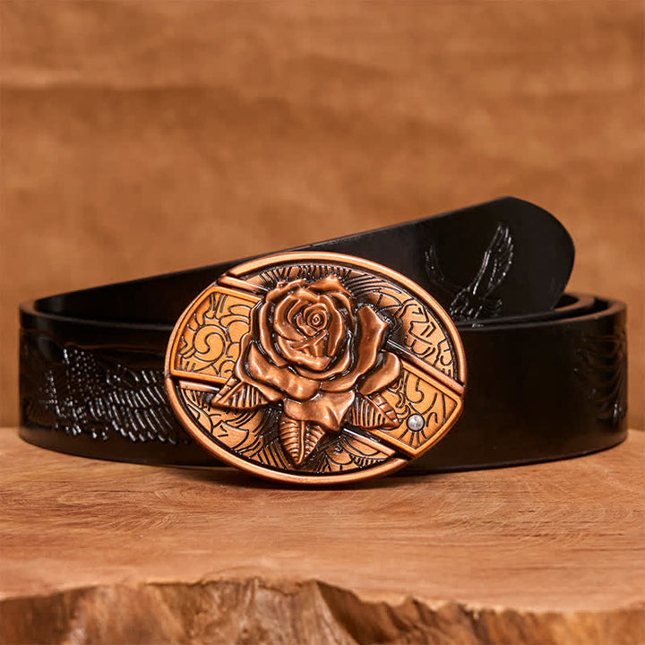 Ceinture en cuir pour homme avec couteau pliant caché en bronze rouge et rose - Rose - Ceinture noire avec aigle en relief - 42 - image 7