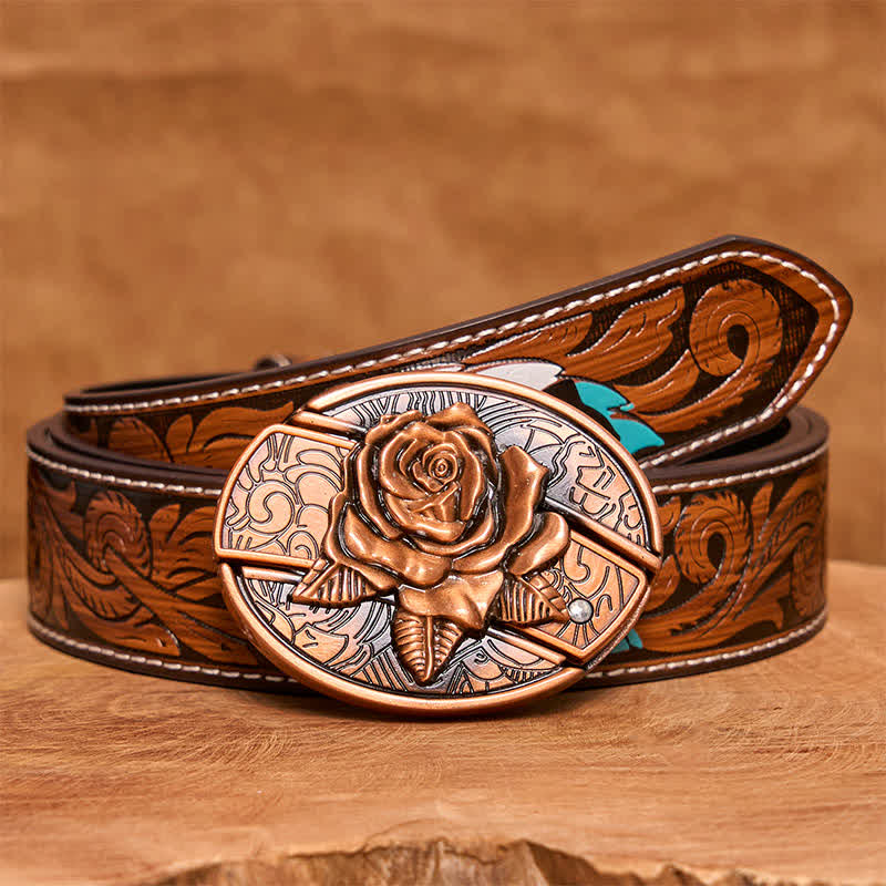 Ceinture en cuir pour homme avec couteau pliant caché en bronze rouge et rose - Rose - Ceinture à plumes marron - 40 - image 10
