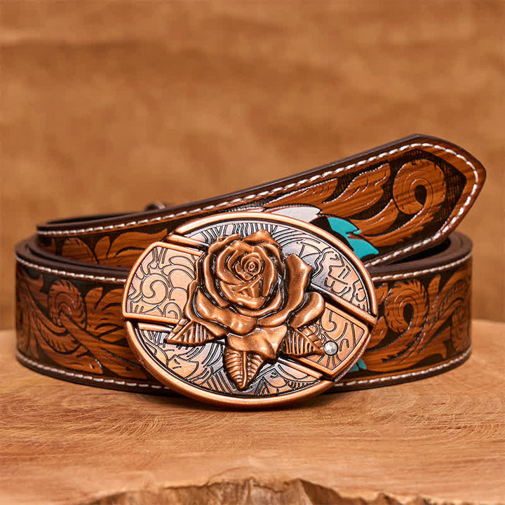 Ceinture en cuir pour homme avec couteau pliant caché en bronze rouge et rose - Rose - Ceinture à plumes marron - 40 - image 10