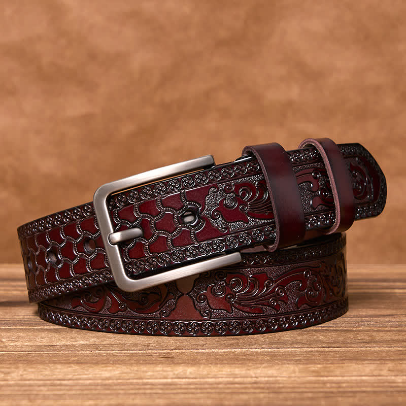 Ceinture en cuir de luxe à motif floral en relief pour homme - Café - 44 - image 1