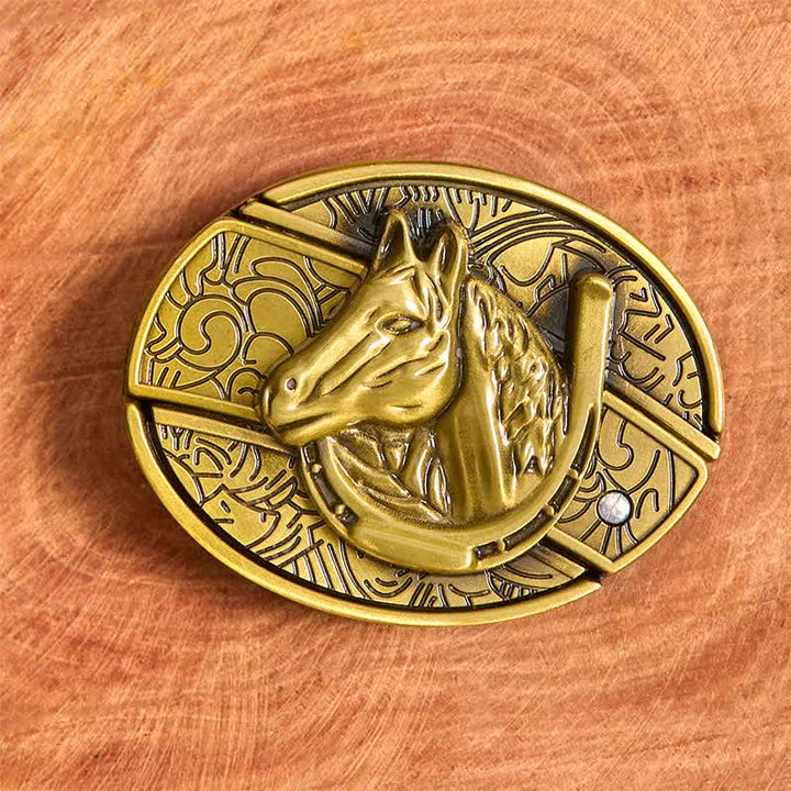 Ceinture en cuir pour homme avec couteau pliant caché en bronze et tête de cheval - image 3