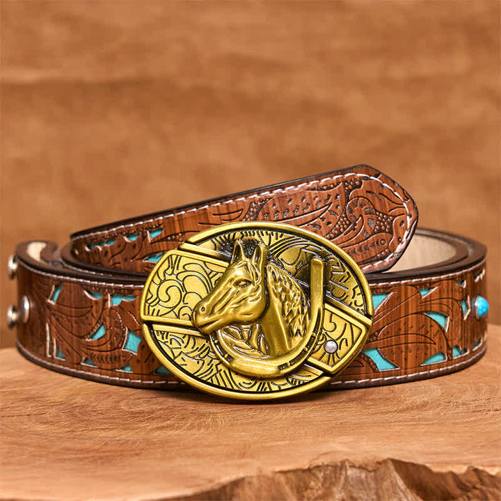 Ceinture en cuir pour homme avec couteau pliant caché en bronze et tête de cheval - Serpent - Ceinture sculptée en turquoise - 42 - image 6