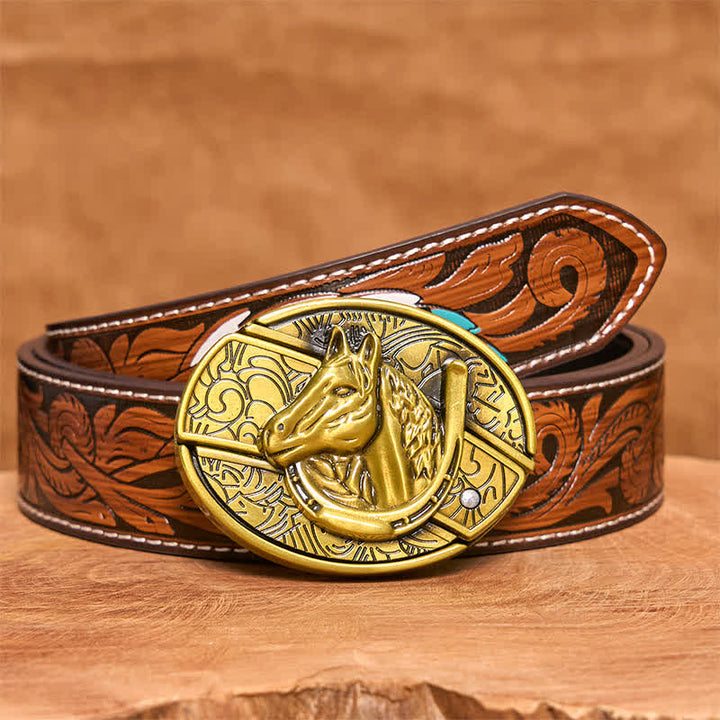 Ceinture en cuir pour homme avec couteau pliant caché en bronze et tête de cheval - Serpent - Ceinture à plumes marron - 40 - image 10