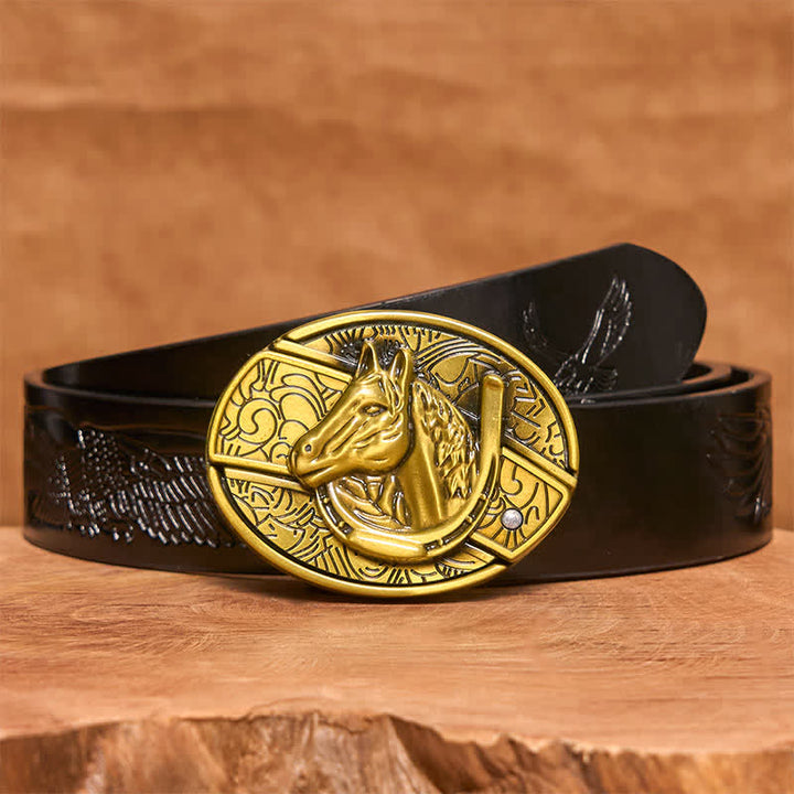 Ceinture en cuir pour homme avec couteau pliant caché en bronze et tête de cheval - Serpent - Ceinture noire avec aigle en relief - 42 - image 7