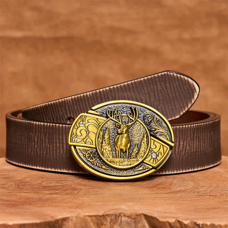 Ceinture en cuir pour homme avec couteau pliant caché en bronze et cerf de forêt - Cerf - Ceinture marron vieillie - 42 - image 9