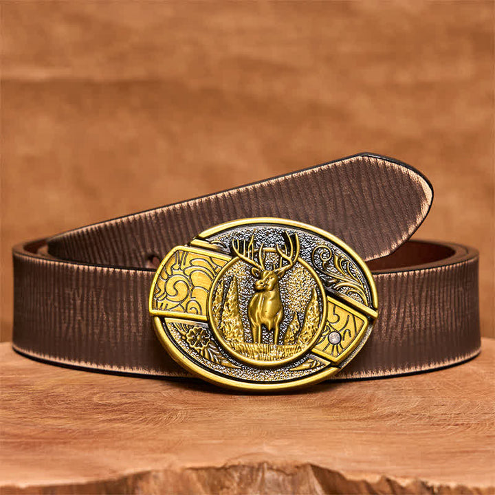 Ceinture en cuir pour homme avec couteau pliant caché en bronze et cerf de forêt - Cerf - Ceinture marron vieillie - 42 - image 9