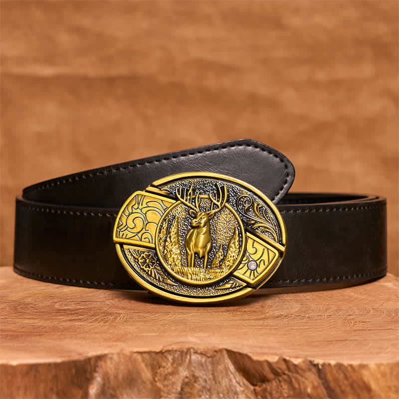 Ceinture en cuir pour homme avec couteau pliant caché en bronze et cerf de forêt - Cerf - Ceinture en PU noir - 42 - image 5