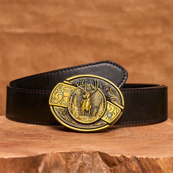Ceinture en cuir pour homme avec couteau pliant caché en bronze et cerf de forêt - Cerf - Ceinture en PU noir - 42 - image 5