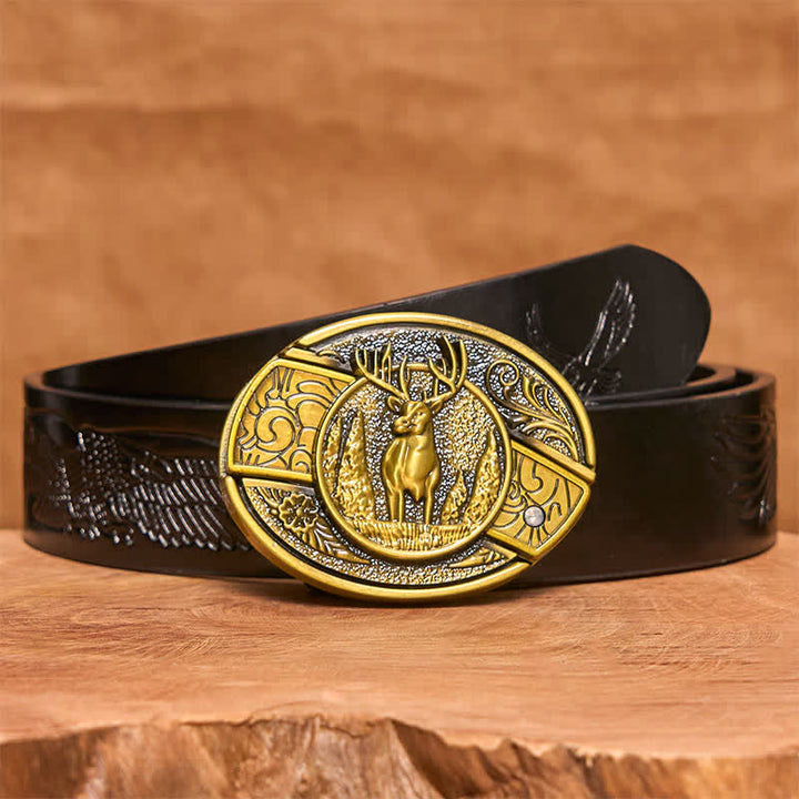 Ceinture en cuir pour homme avec couteau pliant caché en bronze et cerf de forêt - Cerf - Ceinture noire avec aigle en relief - 42 - image 7