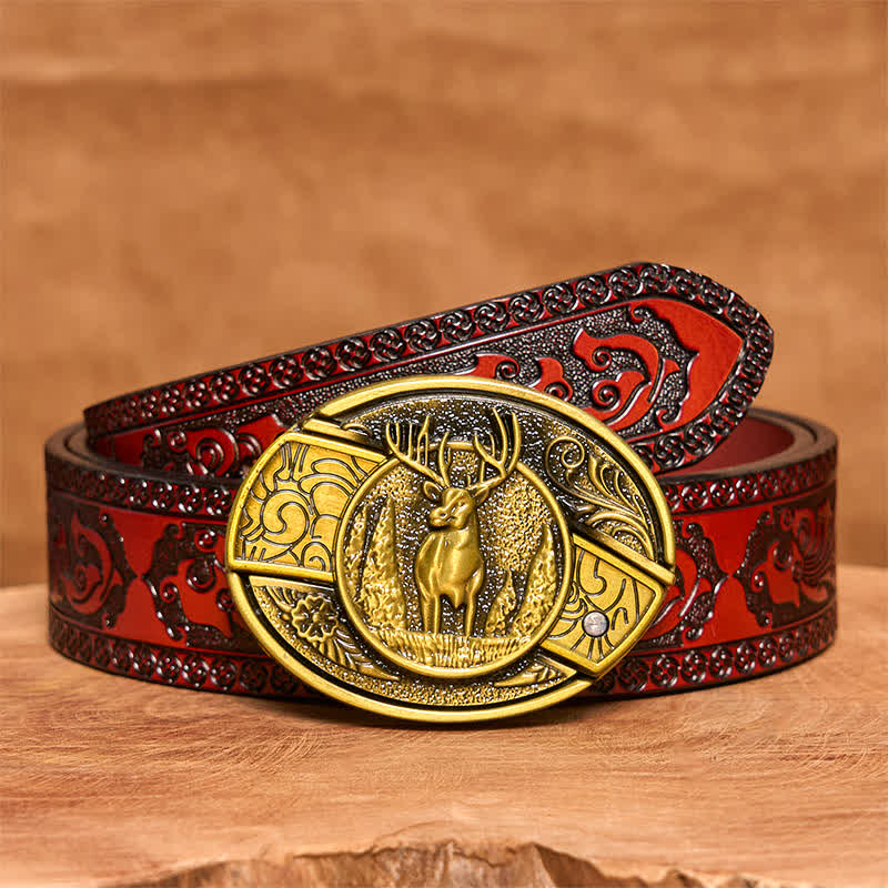 Ceinture en cuir pour homme avec couteau pliant caché en bronze et cerf de forêt - Cerf - Ceinture marron sculptée - 42 - image 8