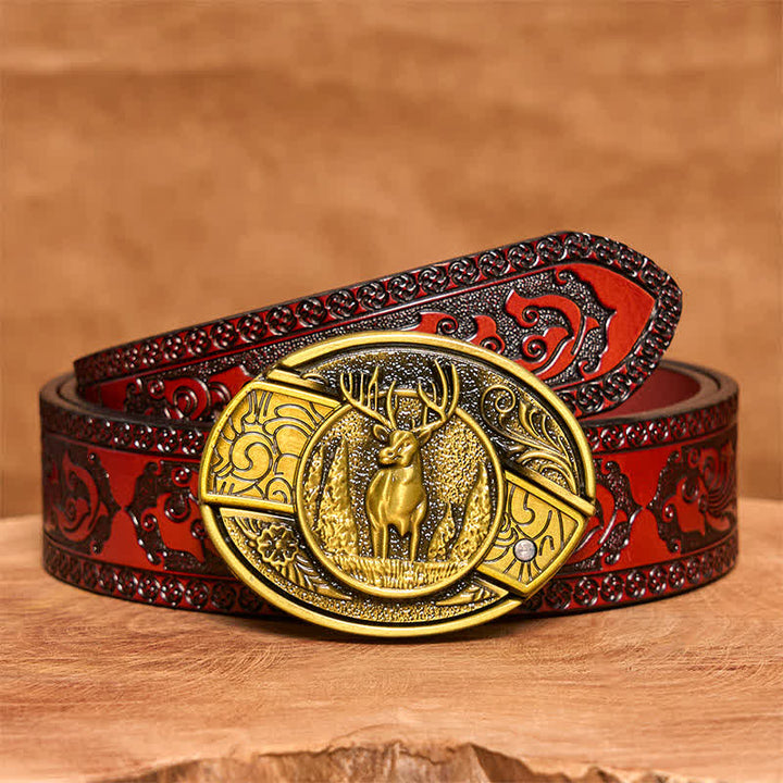 Ceinture en cuir pour homme avec couteau pliant caché en bronze et cerf de forêt - Cerf - Ceinture marron sculptée - 42 - image 8