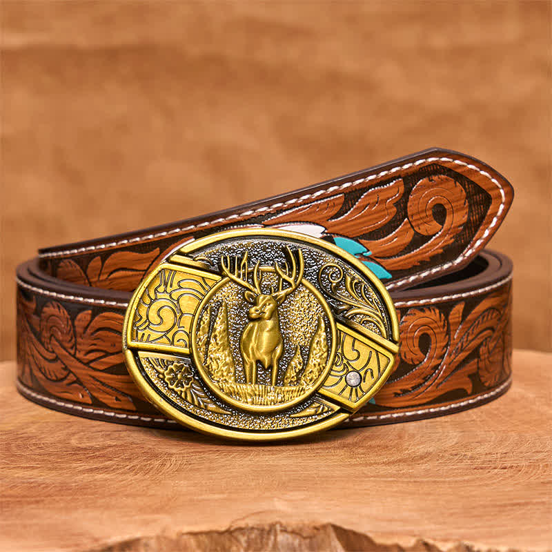 Ceinture en cuir pour homme avec couteau pliant caché en bronze et cerf de forêt - Cerf - Ceinture à plumes marron - 40 - image 10