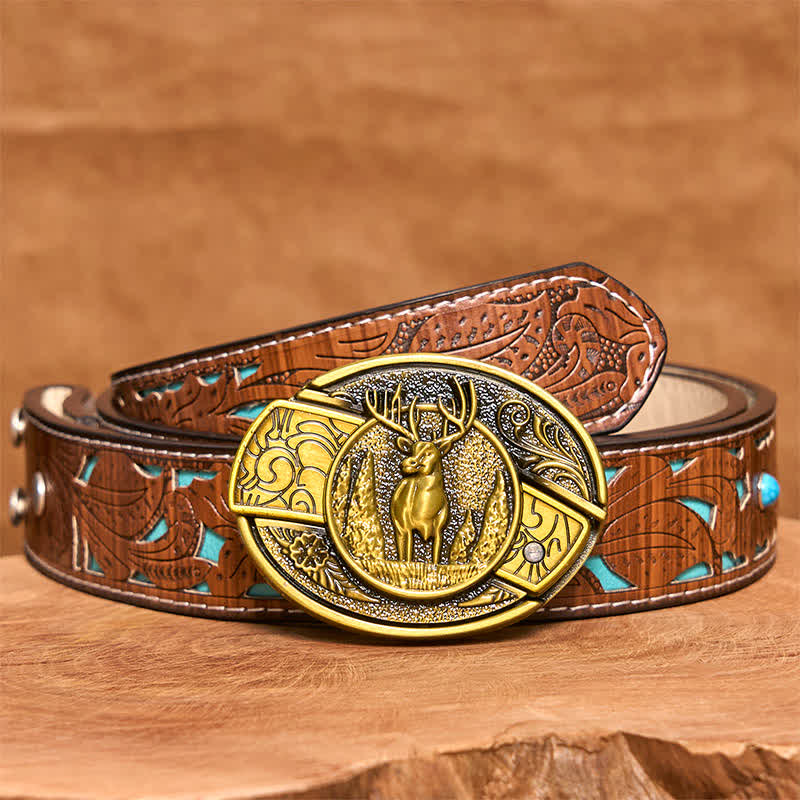 Ceinture en cuir pour homme avec couteau pliant caché en bronze et cerf de forêt - Cerf - Ceinture sculptée en turquoise - 42 - image 6