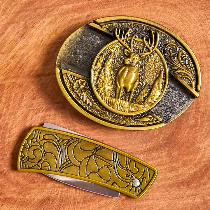 Ceinture en cuir pour homme avec couteau pliant caché en bronze et cerf de forêt - image 4