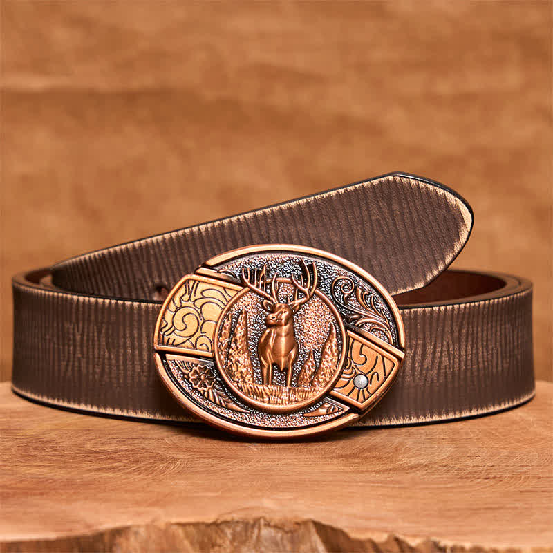 Ceinture en cuir pour homme avec couteau pliant caché en bronze rouge et cerf forestier - Cerf - Ceinture marron vieillie - 42 - image 9