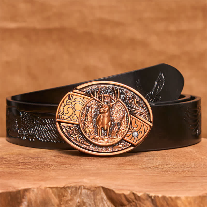 Ceinture en cuir pour homme avec couteau pliant caché en bronze rouge et cerf forestier - Cerf - Ceinture noire avec aigle en relief - 42 - image 7