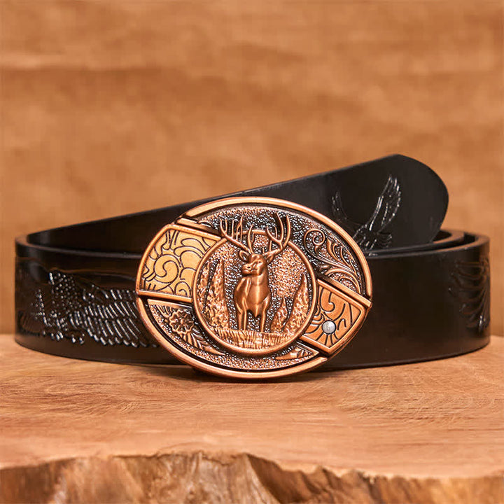 Ceinture en cuir pour homme avec couteau pliant caché en bronze rouge et cerf forestier - Cerf - Ceinture noire avec aigle en relief - 42 - image 7