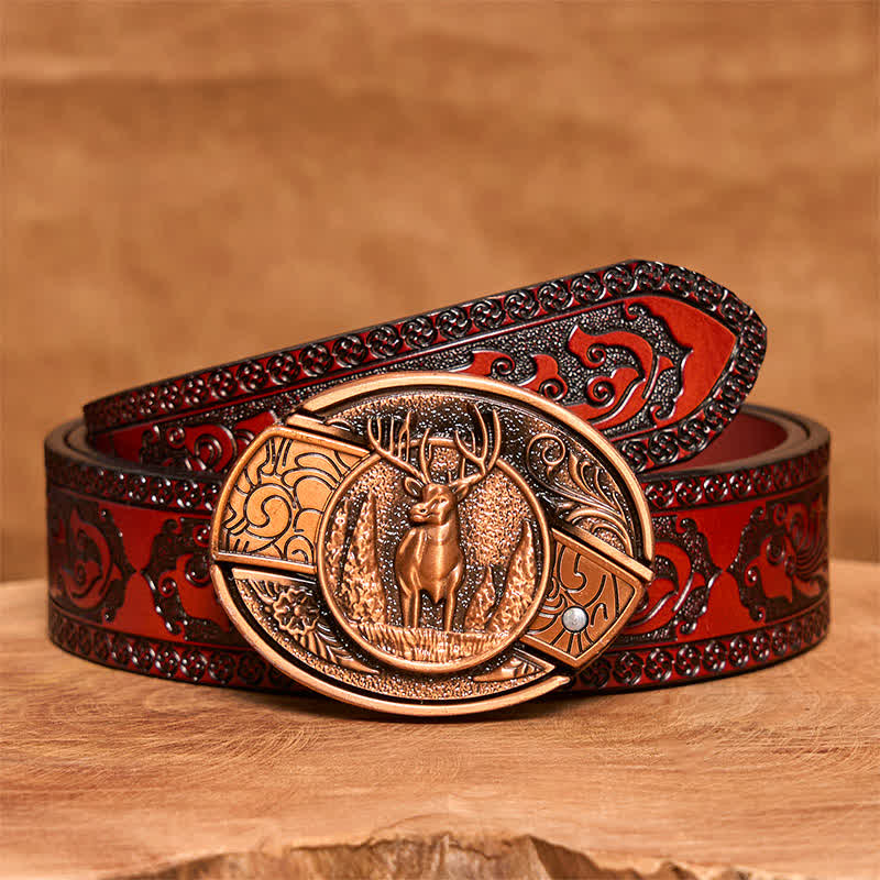 Ceinture en cuir pour homme avec couteau pliant caché en bronze rouge et cerf forestier - Cerf - Ceinture marron sculptée - 42 - image 8