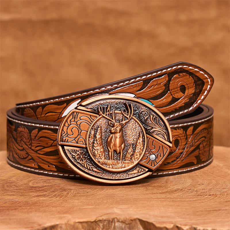 Ceinture en cuir pour homme avec couteau pliant caché en bronze rouge et cerf forestier - Cerf - Ceinture à plumes marron - 40 - image 10