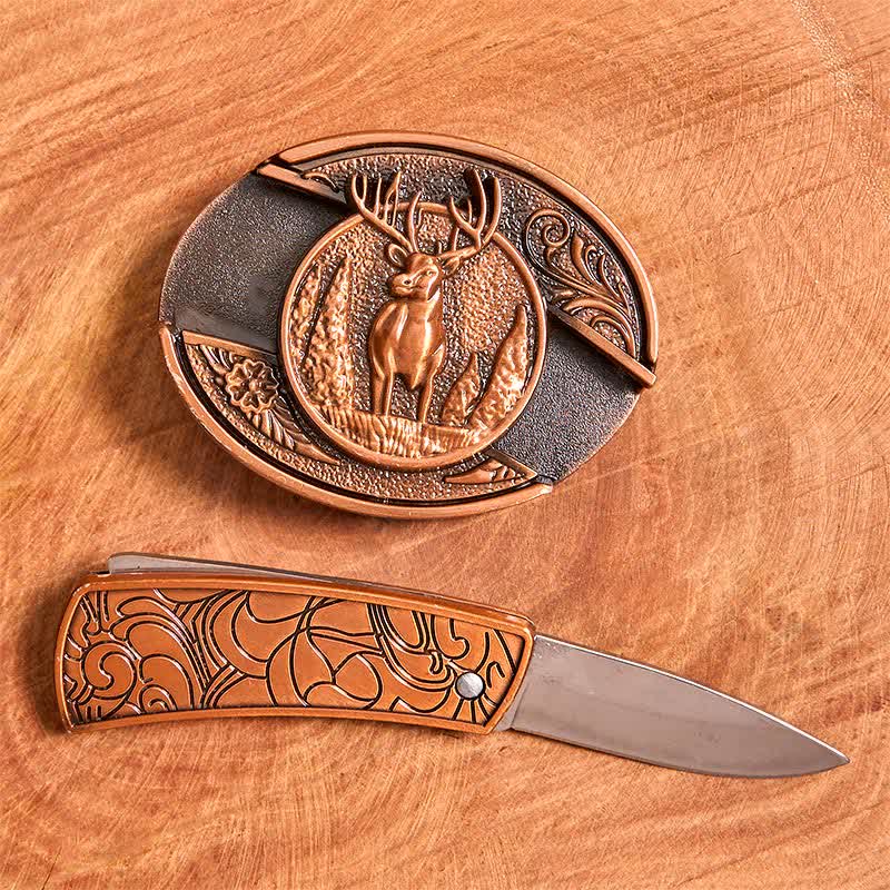 Ceinture en cuir pour homme avec couteau pliant caché en bronze rouge et cerf forestier - image 2