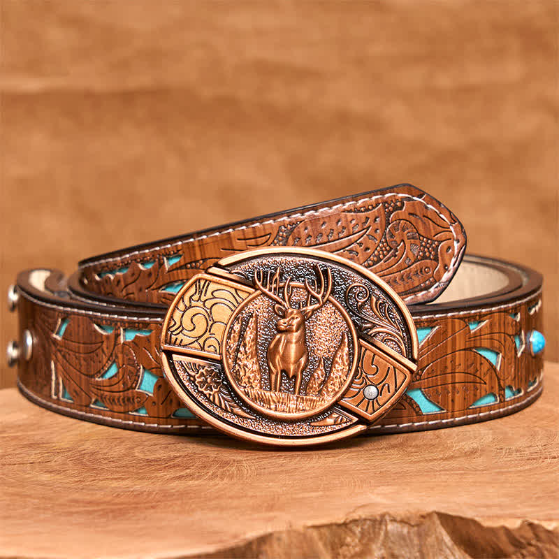 Ceinture en cuir pour homme avec couteau pliant caché en bronze rouge et cerf forestier - Cerf - Ceinture sculptée en turquoise - 42 - image 6