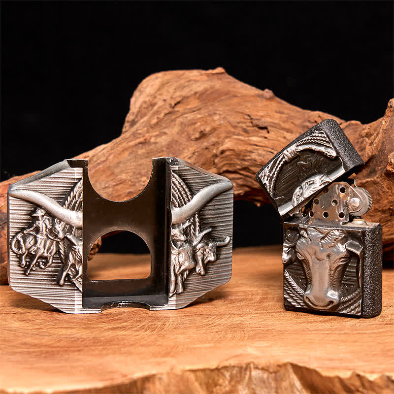 Ceinture en cuir argentée pour homme, motif taureau dominateur, avec briquet caché - image 2