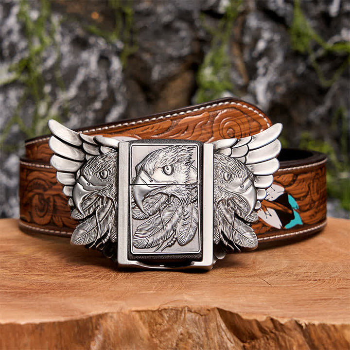 Ceinture en cuir argentée Mighty Eagle pour homme avec briquet caché - Aigle - Ceinture à plumes marron - 40 - image 11