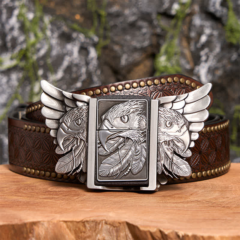 Ceinture en cuir argentée Mighty Eagle pour homme avec briquet caché - Aigle - Ceinture à rivets marron - 42 - image 8