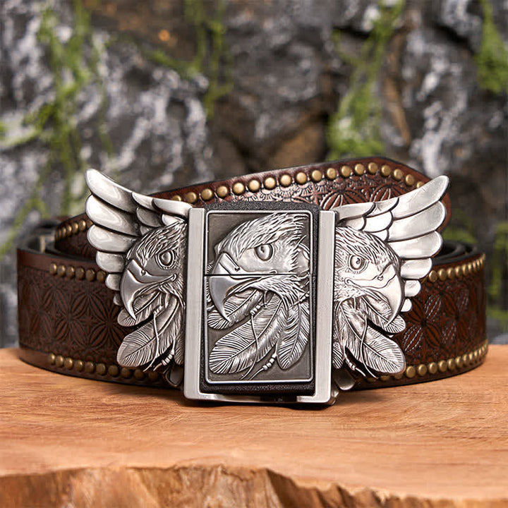 Ceinture en cuir argentée Mighty Eagle pour homme avec briquet caché - Aigle - Ceinture à rivets marron - 42 - image 8