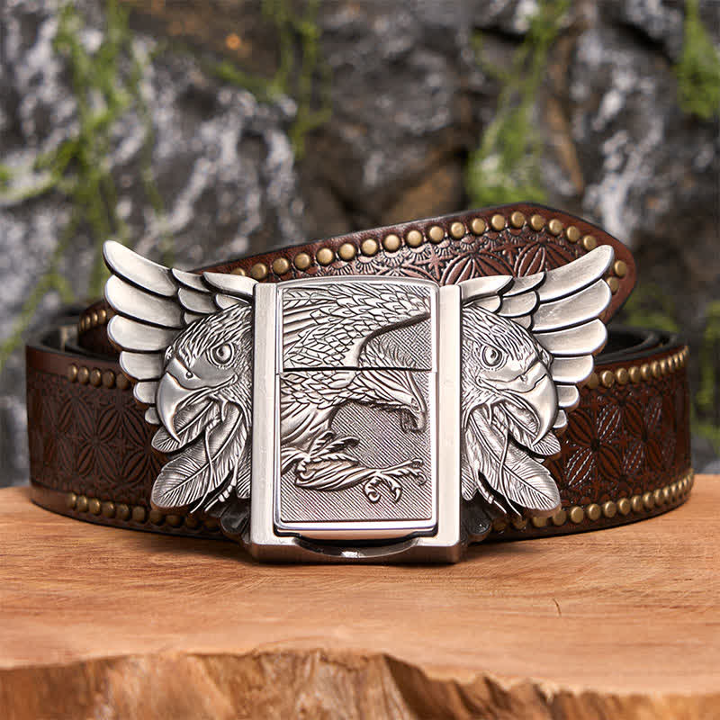 Ceinture en cuir argentée pour homme, motif aigle planant, avec briquet caché - Aigle planant - Ceinture à rivets marron - 42 - image 8