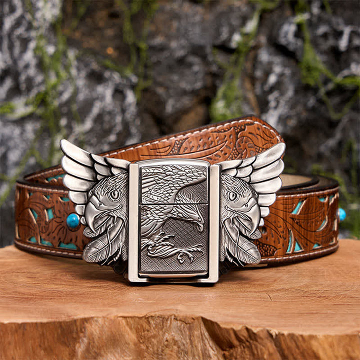 Ceinture en cuir argentée pour homme, motif aigle planant, avec briquet caché - Aigle planant - Ceinture sculptée en turquoise - 42 - image 7