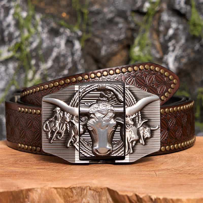 Ceinture en cuir argentée pour homme, motif taureau dominateur, avec briquet caché - Taureau à longues cornes - Ceinture à rivets marron - 42 - image 8