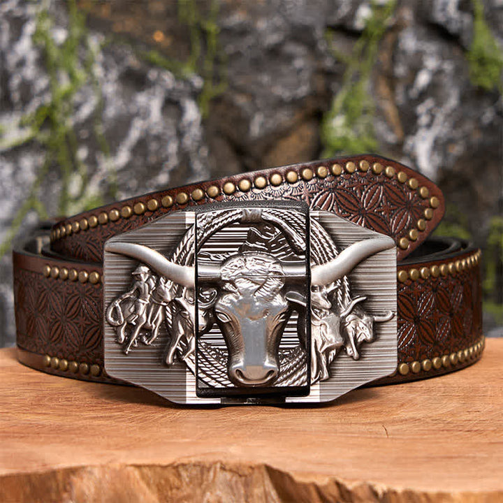 Ceinture en cuir argentée pour homme, motif taureau dominateur, avec briquet caché - Taureau à longues cornes - Ceinture à rivets marron - 42 - image 8