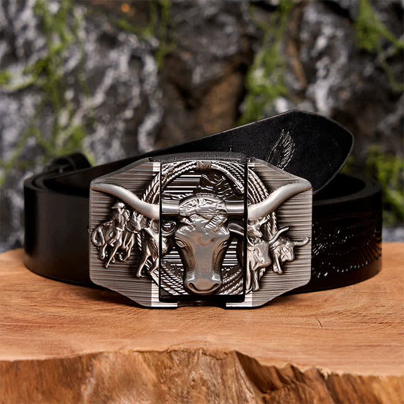 Ceinture en cuir argentée pour homme, motif taureau dominateur, avec briquet caché - Taureau à longues cornes - Ceinture noire avec aigle en relief - 42 - image 3