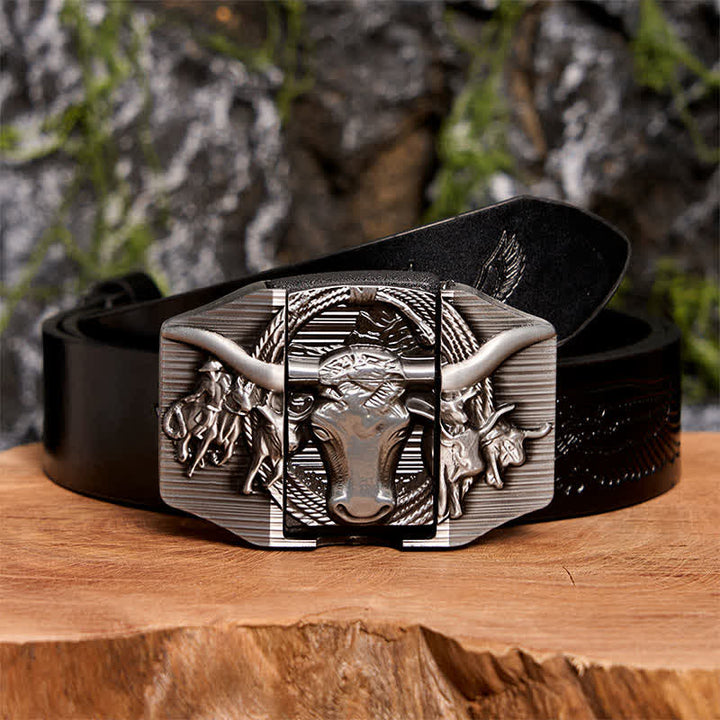 Ceinture en cuir argentée pour homme, motif taureau dominateur, avec briquet caché - Taureau à longues cornes - Ceinture noire avec aigle en relief - 42 - image 3
