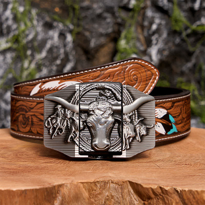 Ceinture en cuir argentée pour homme, motif taureau dominateur, avec briquet caché - Taureau à longues cornes - Ceinture à plumes marron - 40 - image 11