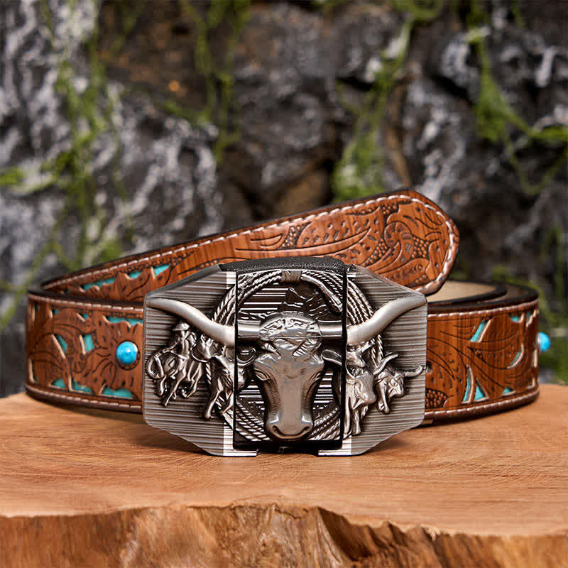 Ceinture en cuir argentée pour homme, motif taureau dominateur, avec briquet caché - Taureau à longues cornes - Ceinture sculptée en turquoise - 42 - image 7