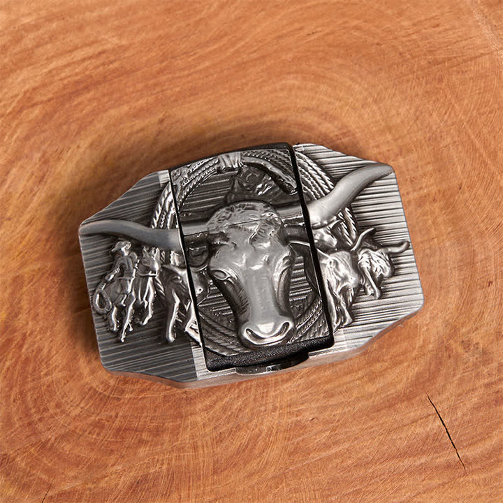 Ceinture en cuir argentée pour homme, motif taureau dominateur, avec briquet caché - image 4