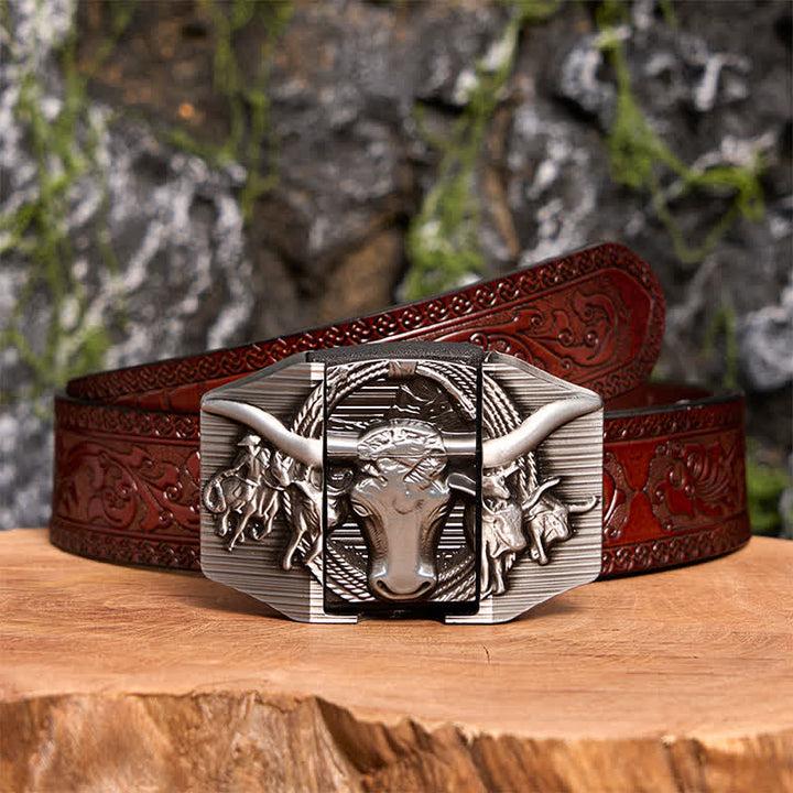Ceinture en cuir argentée pour homme, motif taureau dominateur, avec briquet caché - Taureau à longues cornes - Ceinture marron sculptée - 42 - image 10