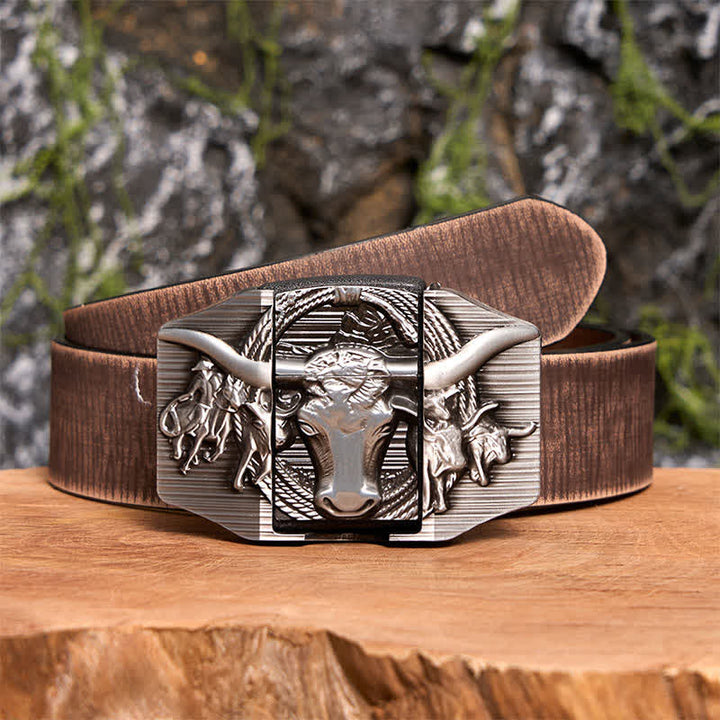 Ceinture en cuir argentée pour homme, motif taureau dominateur, avec briquet caché - Taureau à longues cornes - Ceinture marron vieillie - 42 - image 9