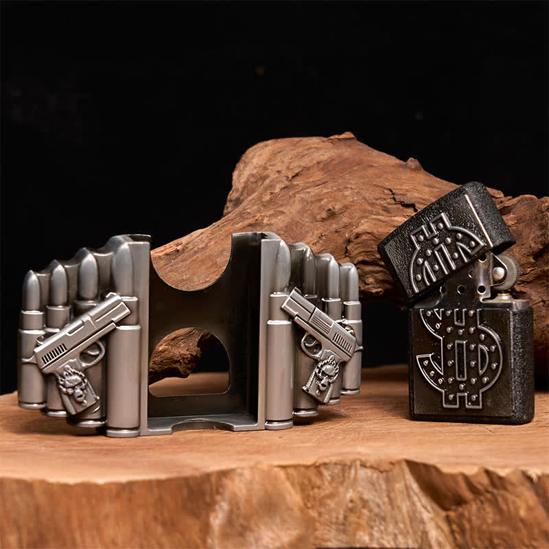 Ceinture en cuir argentée pour homme, motif pistolets et balles, avec briquet dissimulé - image 2