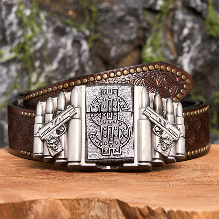 Ceinture en cuir argentée pour homme, motif pistolets et balles, avec briquet dissimulé - Pistolets et balles doubles - Ceinture à rivets marron - 42 - image 8